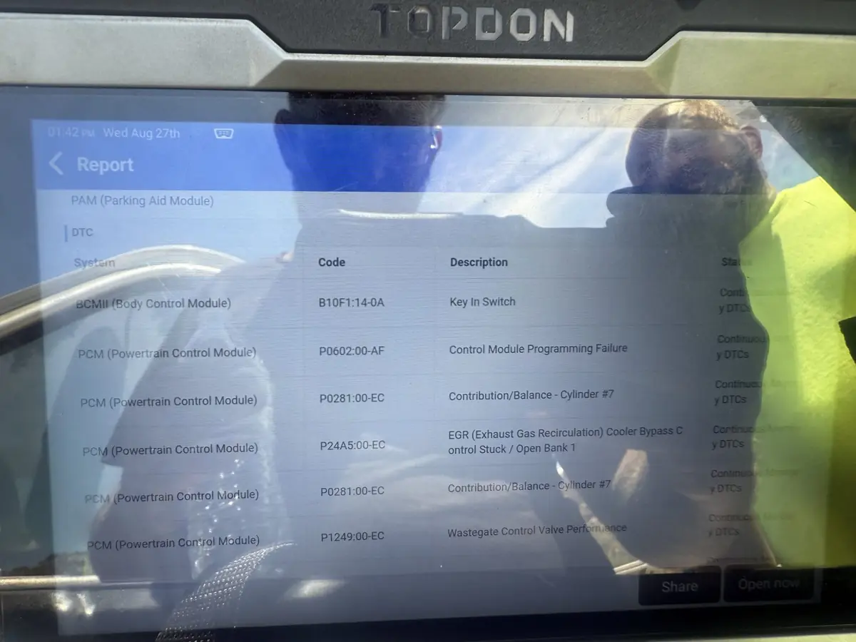 Scan report on a diesel truck with EGR and wastegate faults.