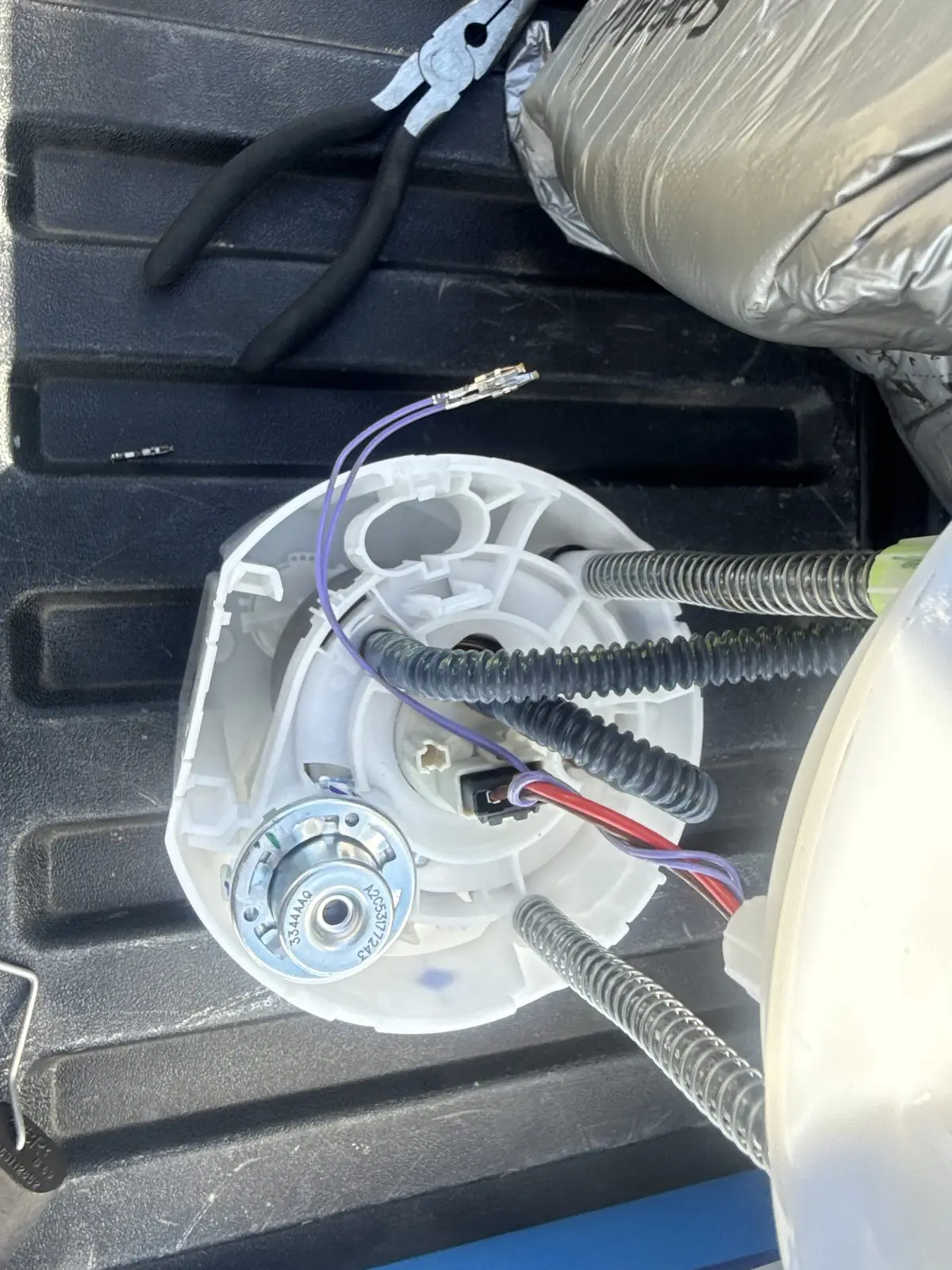 Fuel pump sender wiring before the new pump goes in.